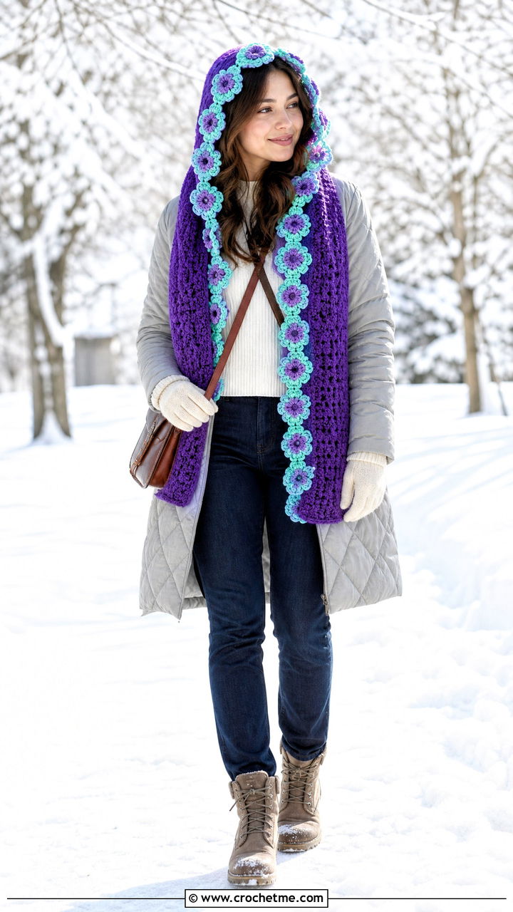Floral Hooded Crochet Scarf With Quilted Coat And Winter Boots - 35 crochet flower scarf outfit ideas