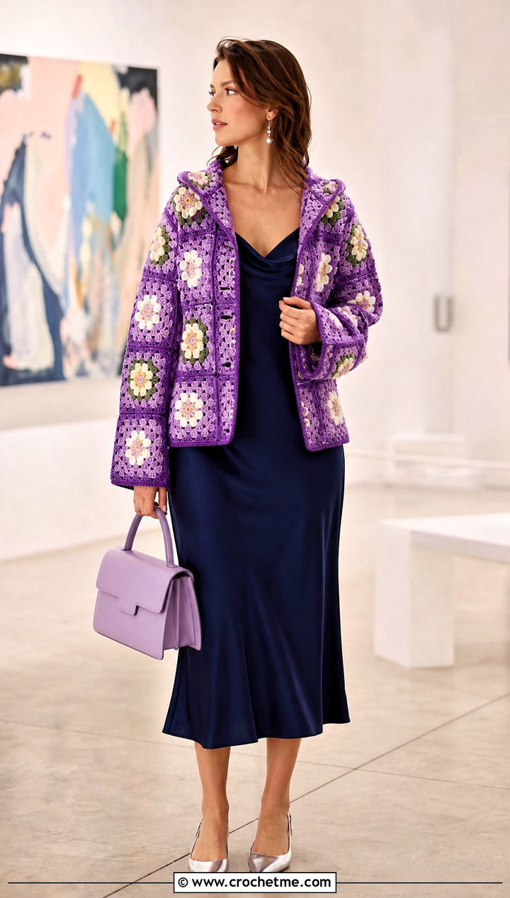 Floral Hooded Granny Square Cardigan With Slip Dress - 30 granny square cardigan with hood outfit ideas