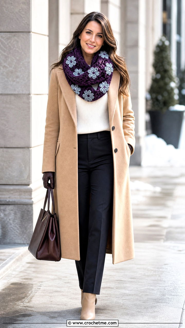 Floral Infinity Crochet Scarf With Wool Coat And Ankle Boots - 35 crochet flower scarf outfit ideas