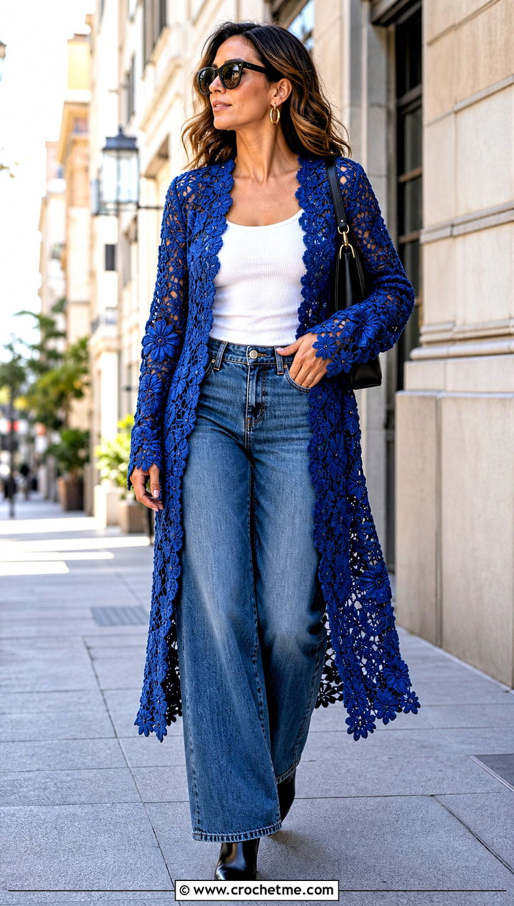 Floral Irish Crochet Duster With Wide Leg Jeans - 25 irish crochet coat outfit ideas
