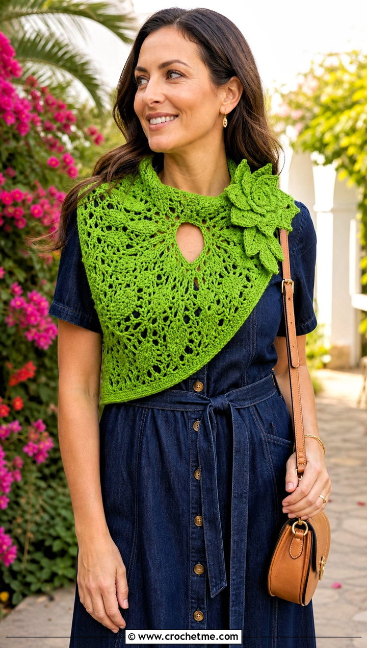 Floral Keyhole Scarf With Denim Dress - 15 Crocheted Keyhole Scarf outfit ideas