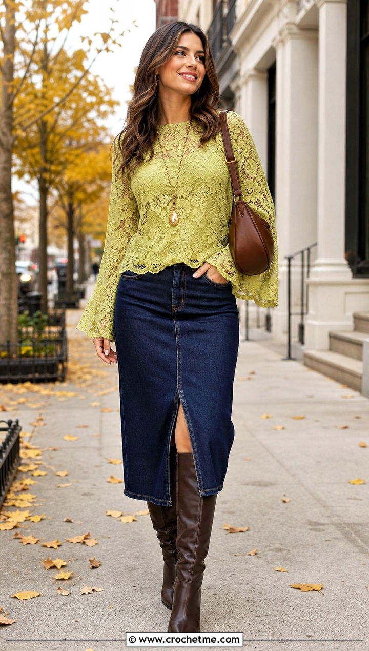 Floral Lace Bell Sleeve Top With Denim Midi Skirt - 25 crochet floral lace top outfit ideas