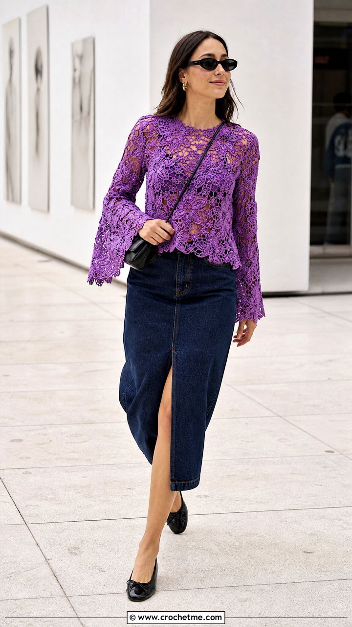 Floral Lace Crochet Blouse With Denim Midi Skirt - 35 crochet summer blouse outfit ideas
