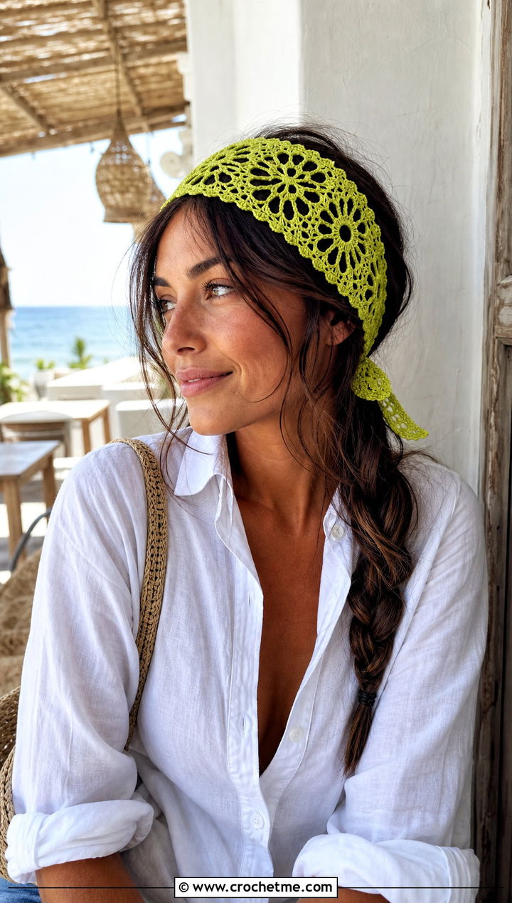 Floral Lace Crochet Headband With Linen Outfit - 15 crochet headband with flower design outfit ideas