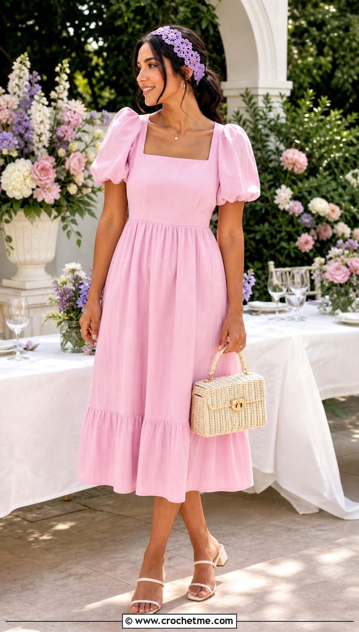 Floral Lace Crochet Headband With Puff Sleeve Dress - 35 crochet summer headband outfit ideas