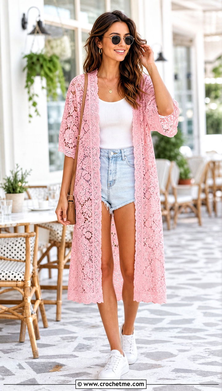 Floral Lace Crochet Kimono With Denim Shorts - 15 crochet kimono cover up outfit ideas