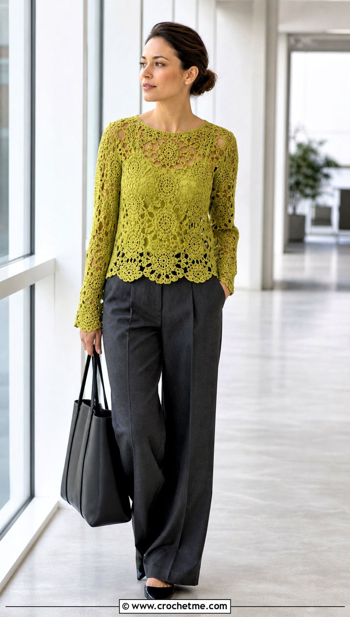 Floral Lace Crochet Lacy Sweater With Tailored Trousers - 25 crochet lacy sweater outfit ideas