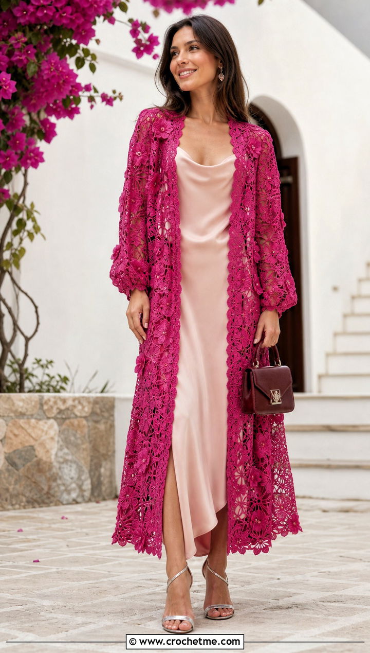 Floral Lace Crochet Long Cardigan With Slip Dress - 20 Crochet Long Lacy Cardigan outfit ideas