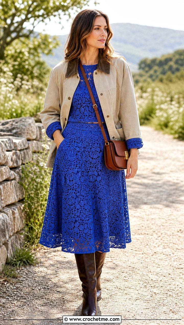 Floral Lace Crochet Midi Skirt Set With Barn Jacket - 35 Crochet Skirts Set Outfit ideas