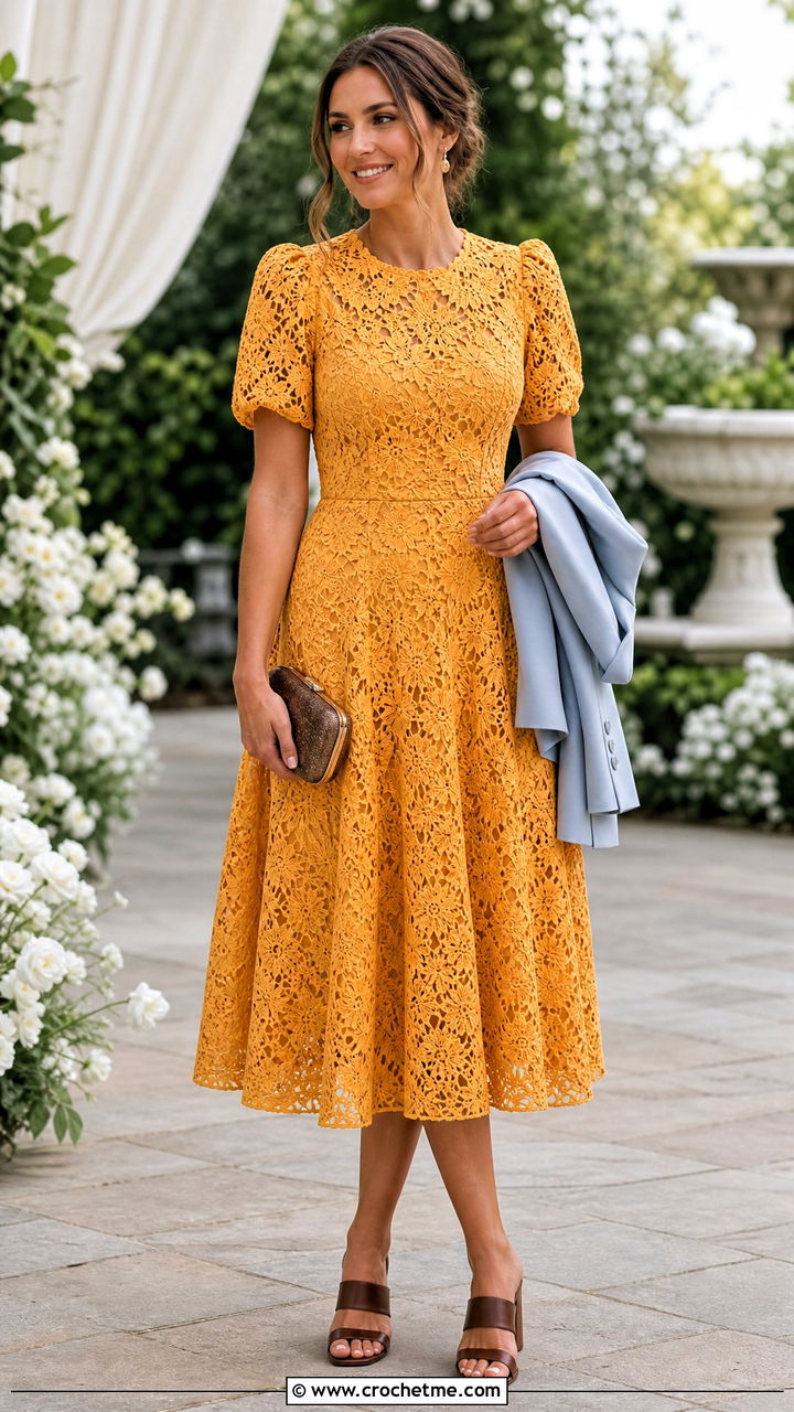 Floral Lace Crochet Princess Dress With Wedding Guest Accessories - 35 crochet princess dress outfit ideas