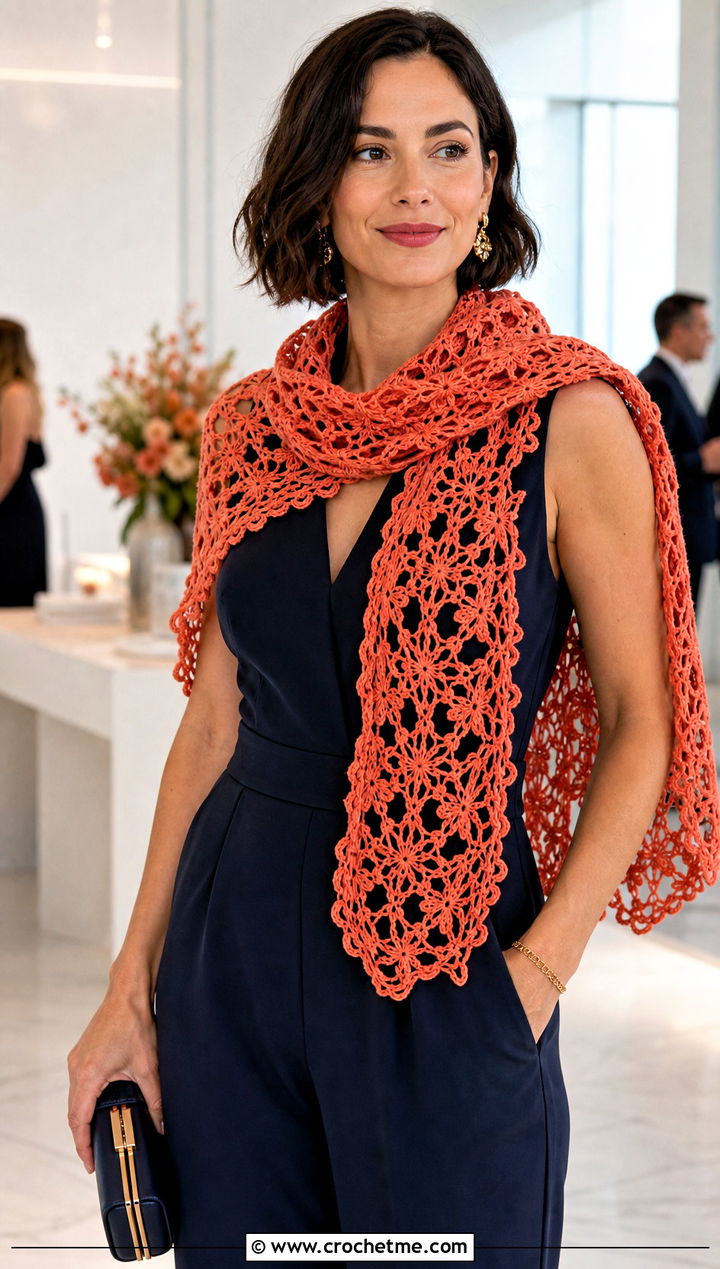 Floral Lace Crochet Scarf With Jumpsuit - 25 crochet for scarfs outfit ideas