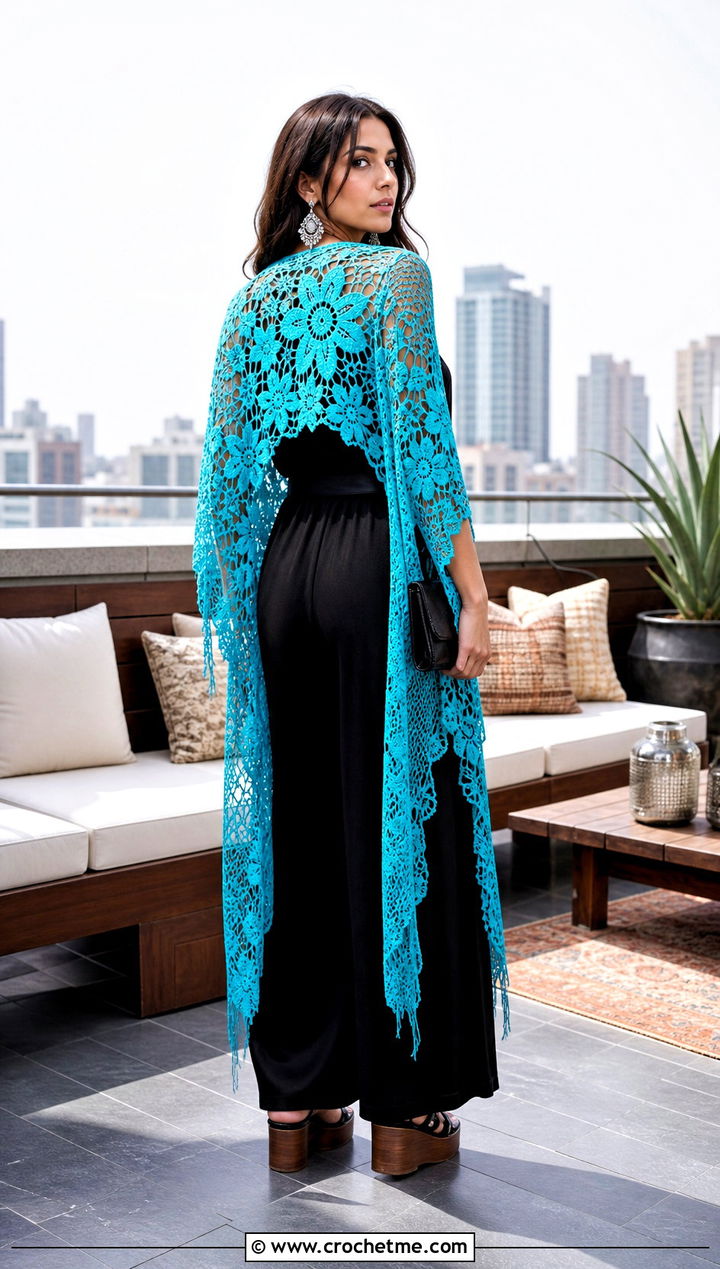 Floral Lace Crochet Shawl With Wide Leg Jumpsuit - 25 Stevie Nicks Crochet Shawl outfit ideas