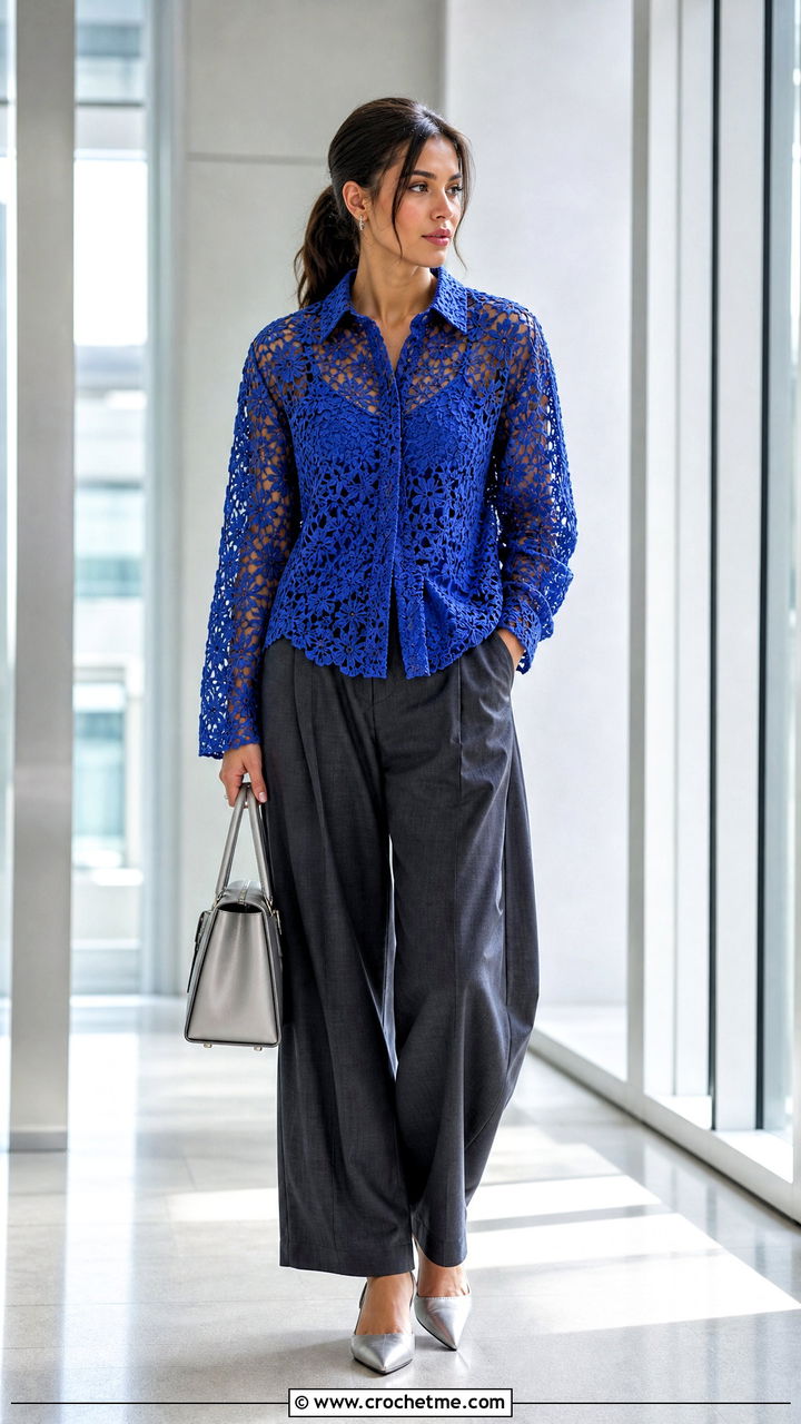 Floral Lace Crochet Shirt With Wide Leg Trousers - 35 Crochet Flower Shirt outfit ideas
