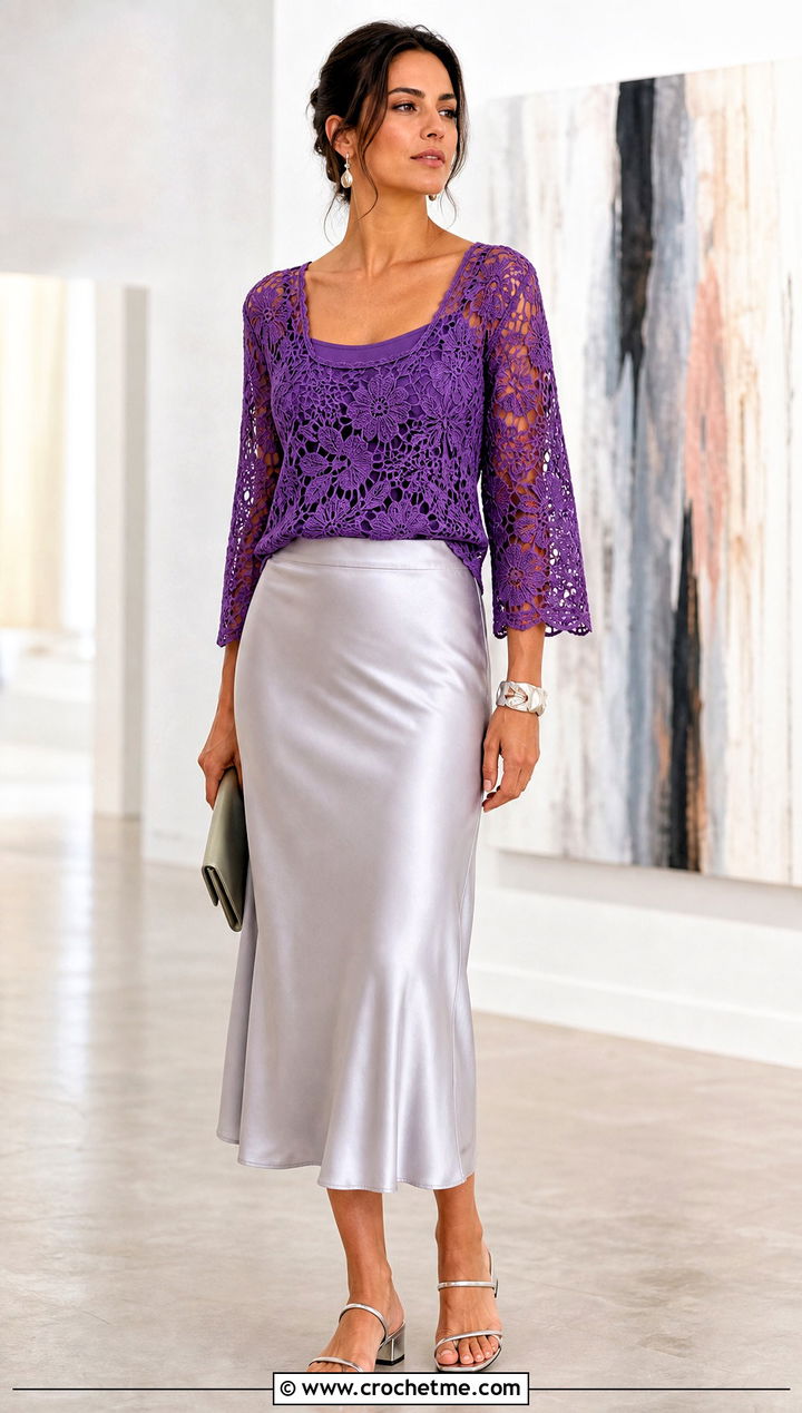 Floral Lace Crochet Summer Jumper With Satin Midi Skirt - 20 Crochet Summer Jumper outfit ideas