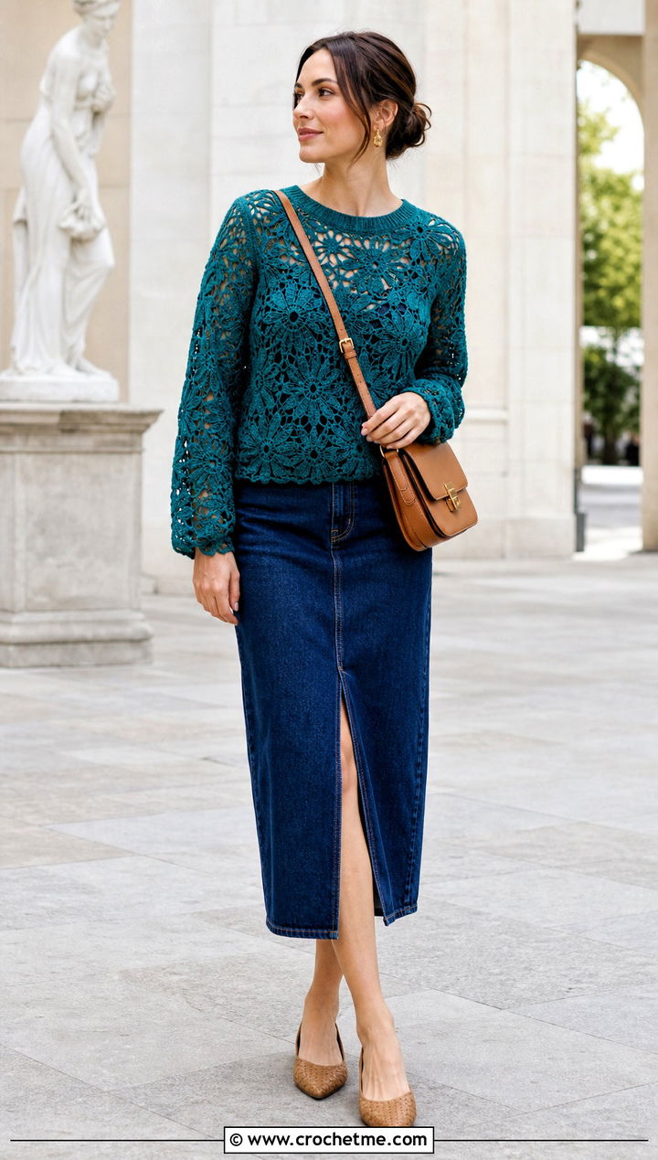 Floral Lace Crochet Sweater With Denim Midi Skirt - 25 lace crochet sweater outfit ideas