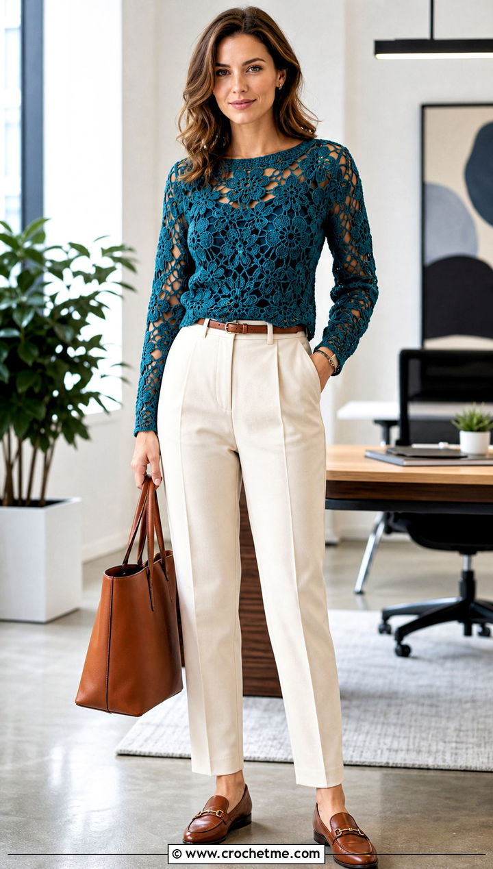 Floral Lace Crochet Sweater With Tailored Trousers - 15 floral crochet sweater style outfit ideas
