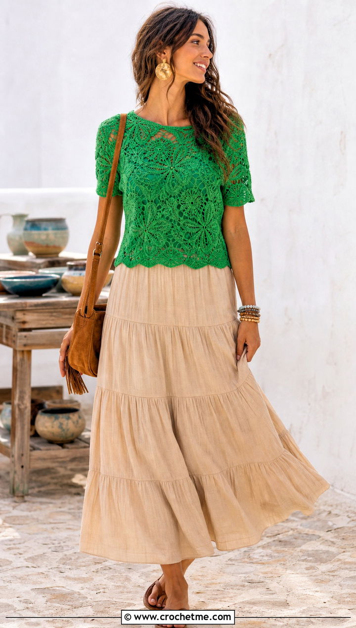 Floral Lace Crochet Tee With A Tiered Maxi Skirt - 15 summer lace crochet tee outfit ideas