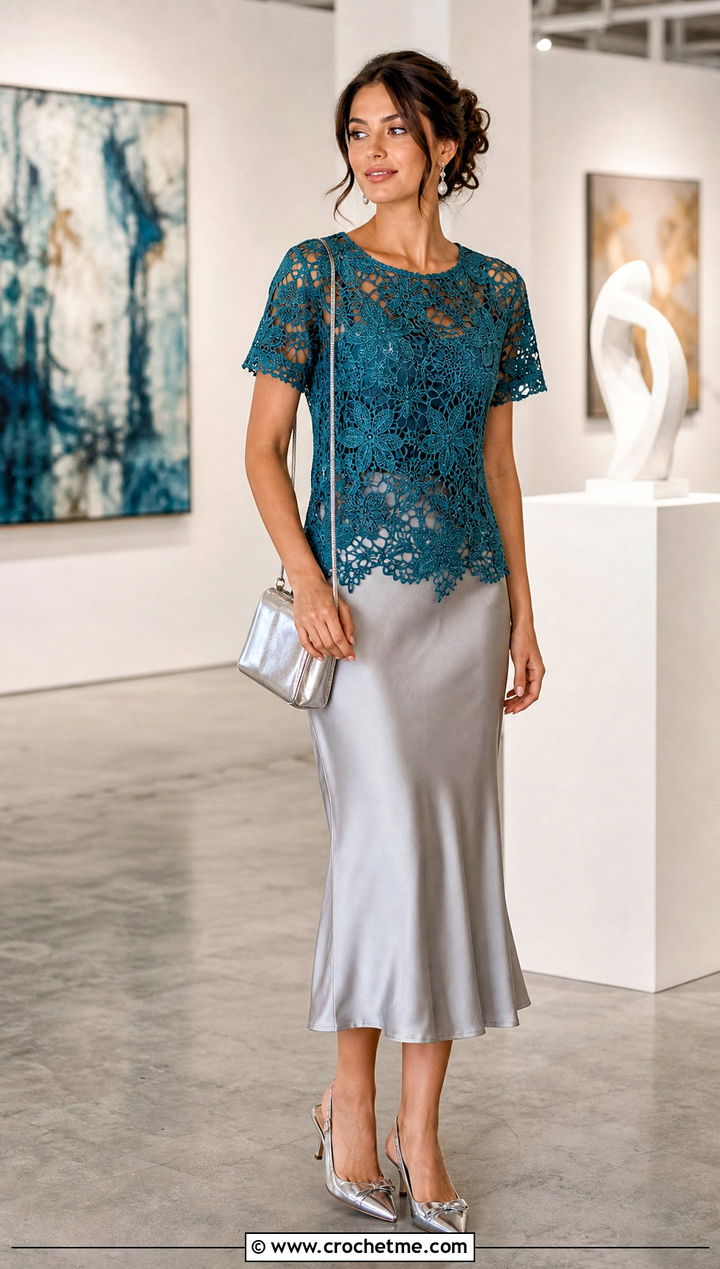 Floral Lace Crochet Tee With Satin Midi Skirt - 35 crochet top with flowers outfit ideas