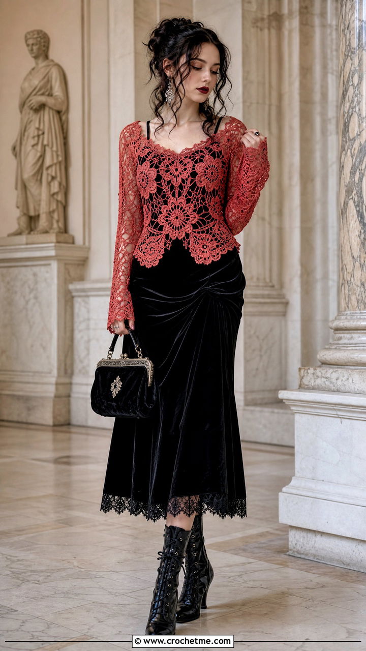 Floral Lace Crochet Top With Velvet Skirt - 35 goth crochet top outfit ideas