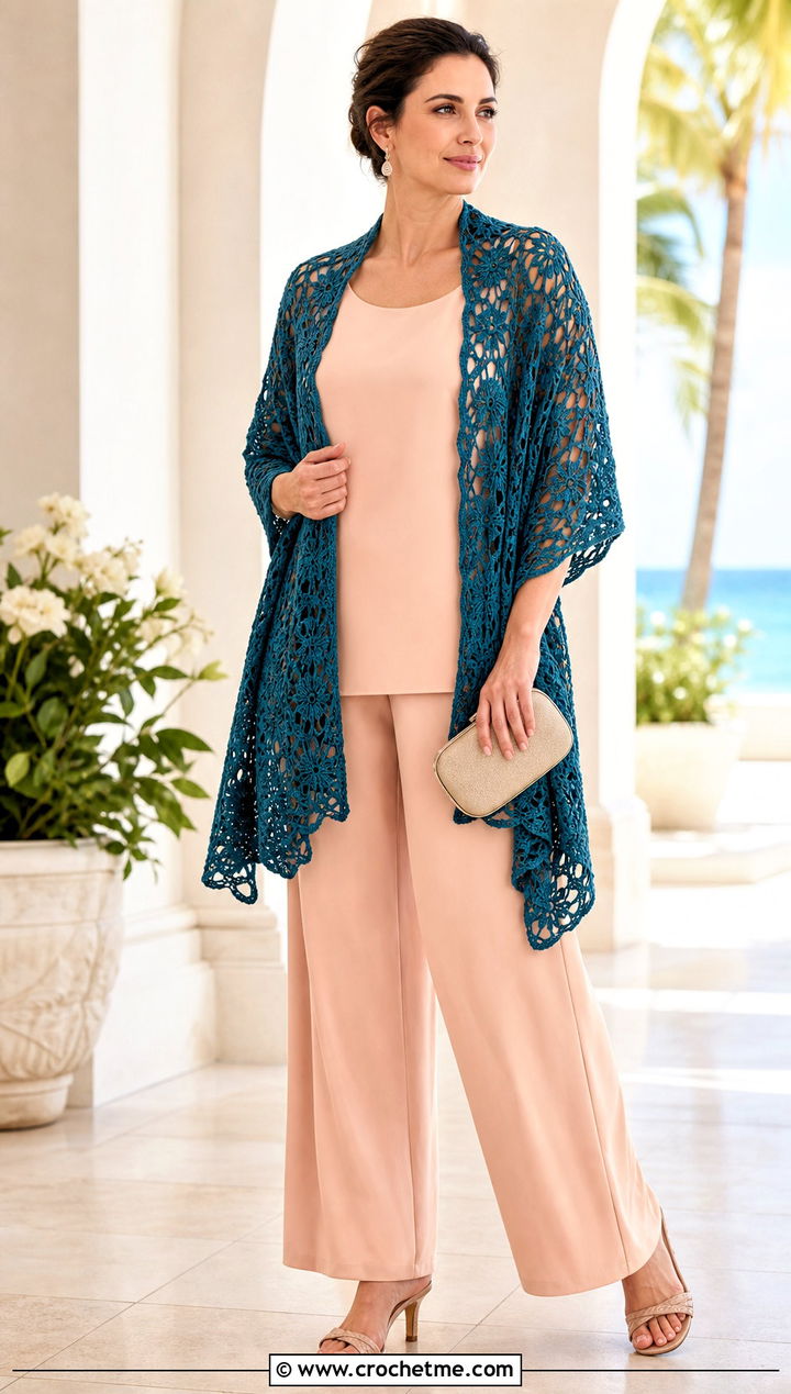 Floral Lace Crochet Wrap Shawl With Matching Set - 35 crochet wrap shawl outfit ideas
