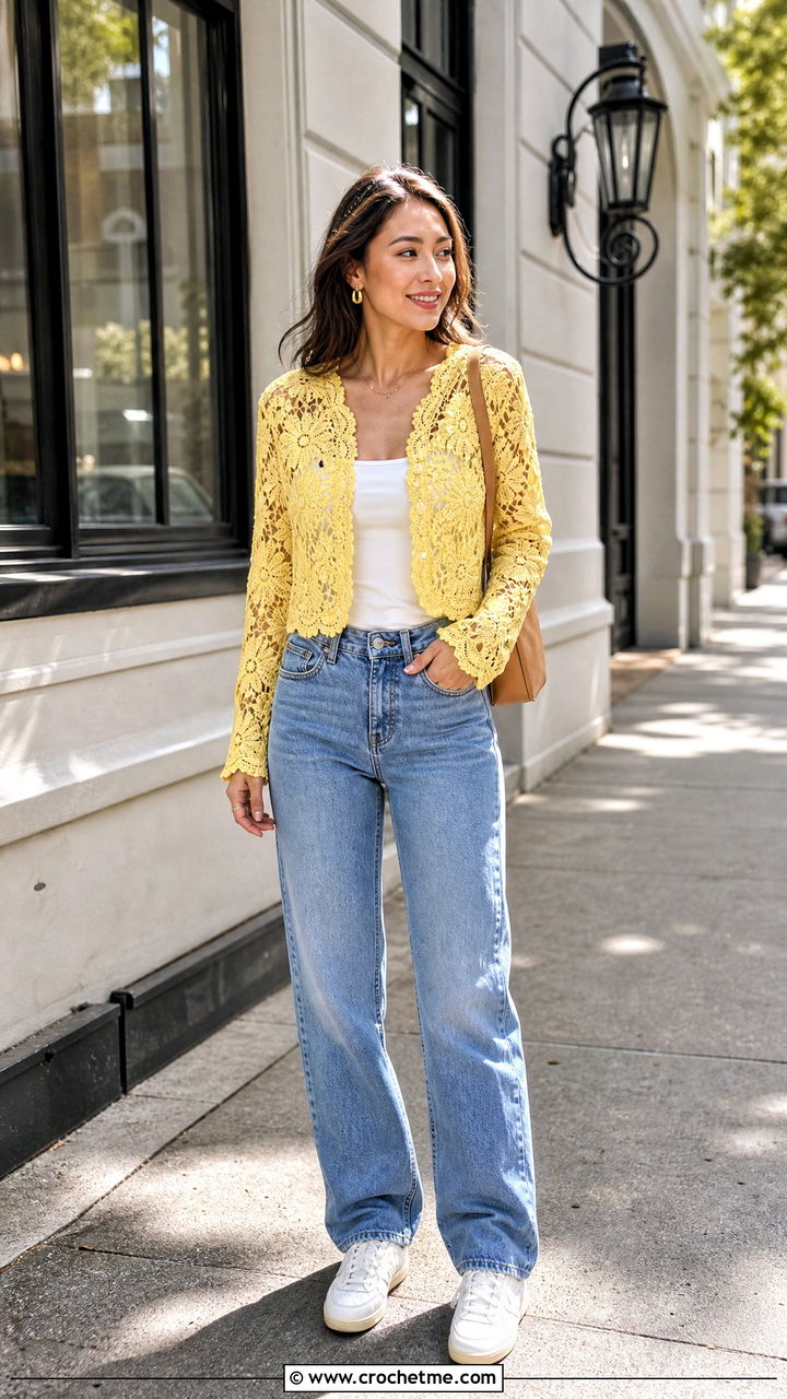 Floral Lace Cropped Cardigan With Straight Leg Jeans - 35 crochet lace cardigan outfit ideas