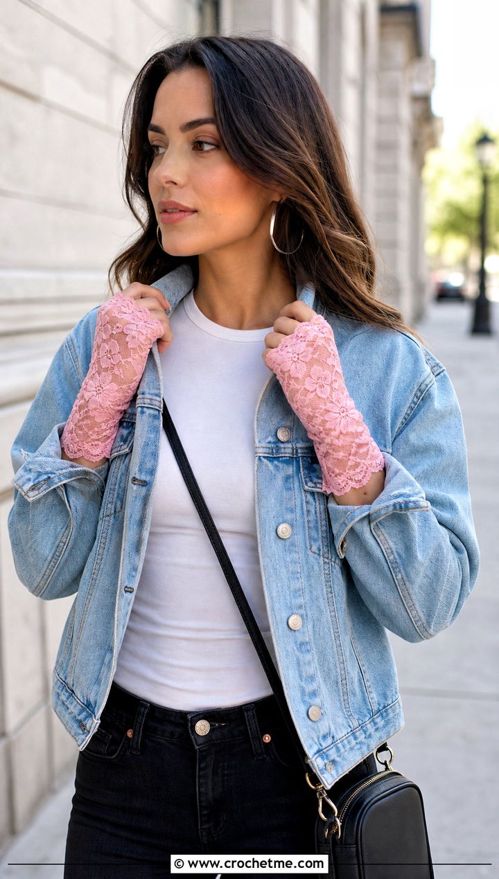 Floral Lace Fingerless Gloves With Denim Jacket - 20 Crochet Lace Hand Warmers outfit ideas