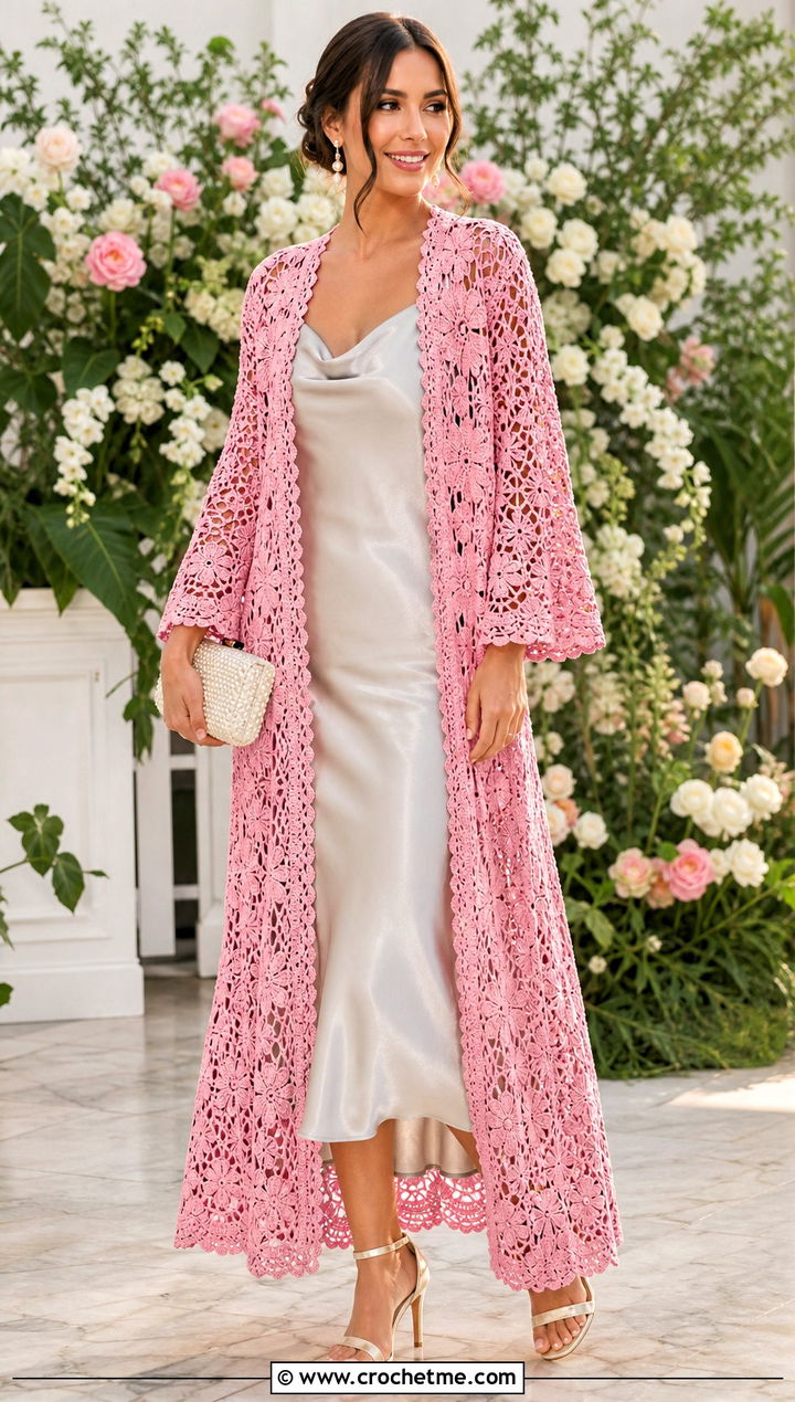 Floral Lace Long Crochet Duster With Satin Slip Dress - 25 Long Crochet Duster outfit ideas