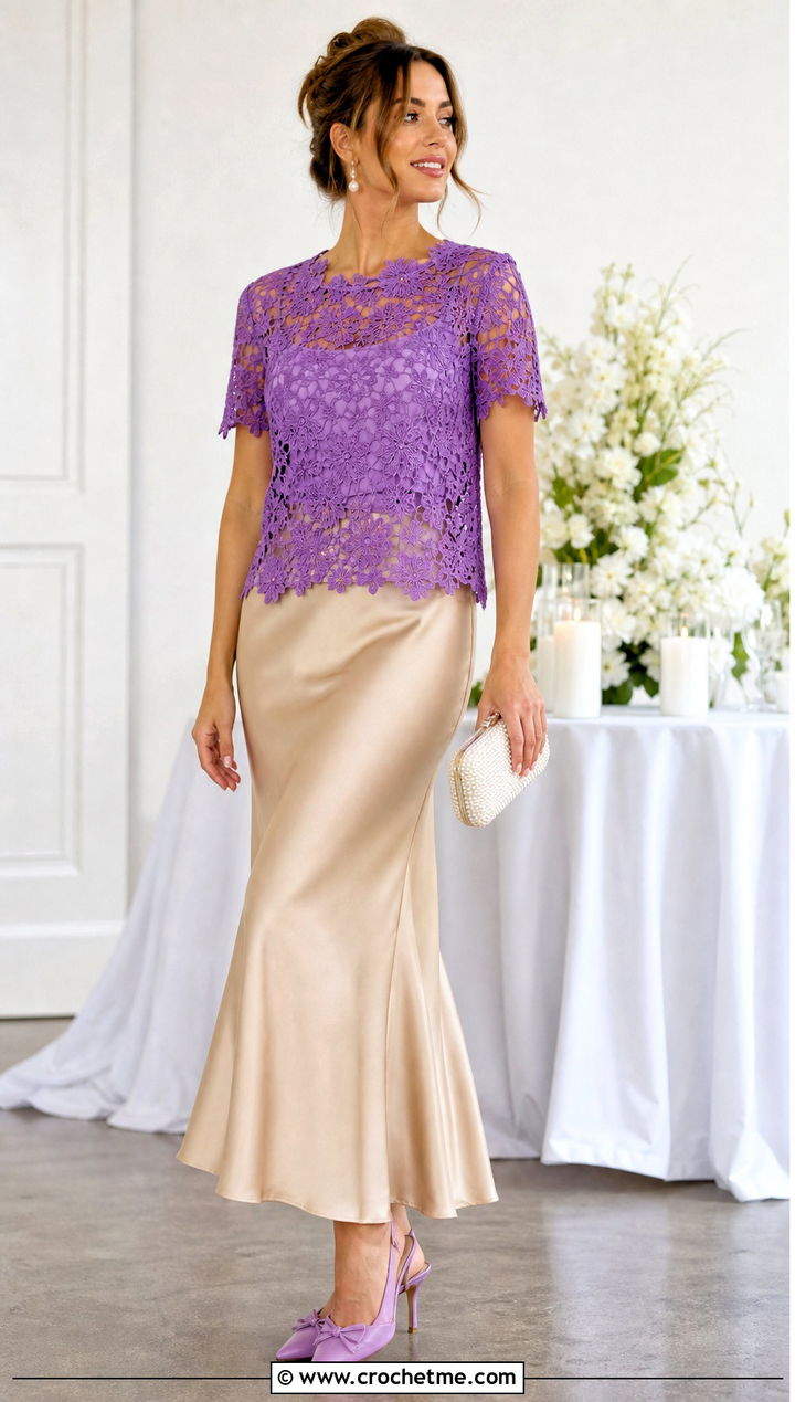 Floral Lace Mesh Crochet Tee With Satin Slip Skirt - 25 mesh flower crochet top outfit ideas