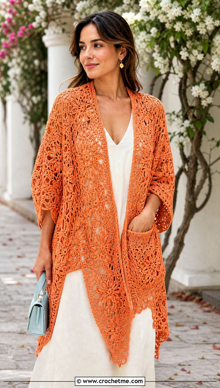 Floral Lace Pocket Crochet Shawl With Midi Dress - 15 Pocket Crochet Shawl outfit ideas