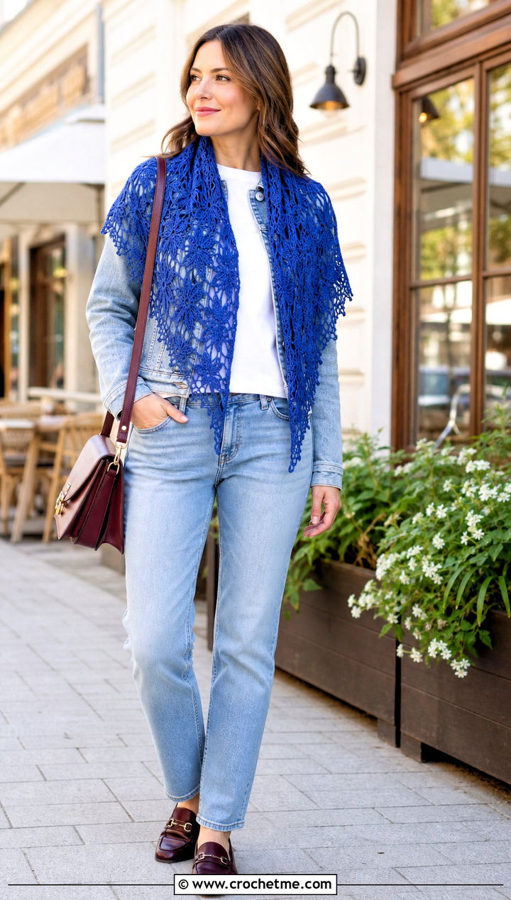 Floral Lace Triangle Shawl With Jeans And Loafers - 20 Crochet Lace Triangle Shawl outfit ideas