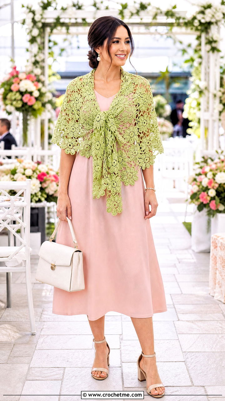 Floral Lace Triangle Shawl With Midi Dress - 35 crochet triangle shawl outfit ideas