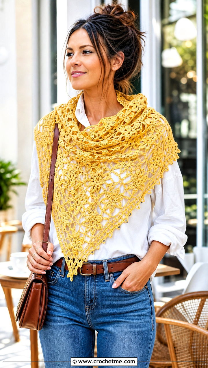 Floral Lace Triangle Shawl With White Shirt And Jeans - 25 Crochet Lacy Triangle Shawl outfit ideas