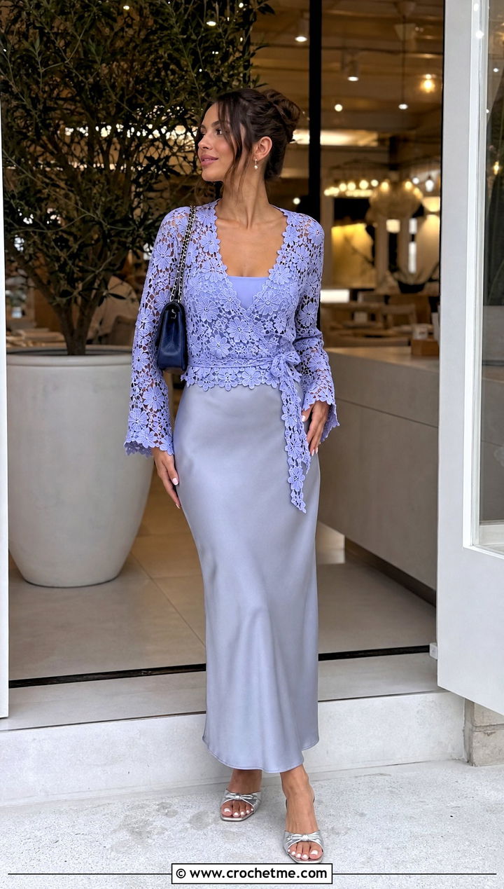 Floral Lace Wrap Top With Slip Skirt - 25 crochet floral lace top outfit ideas
