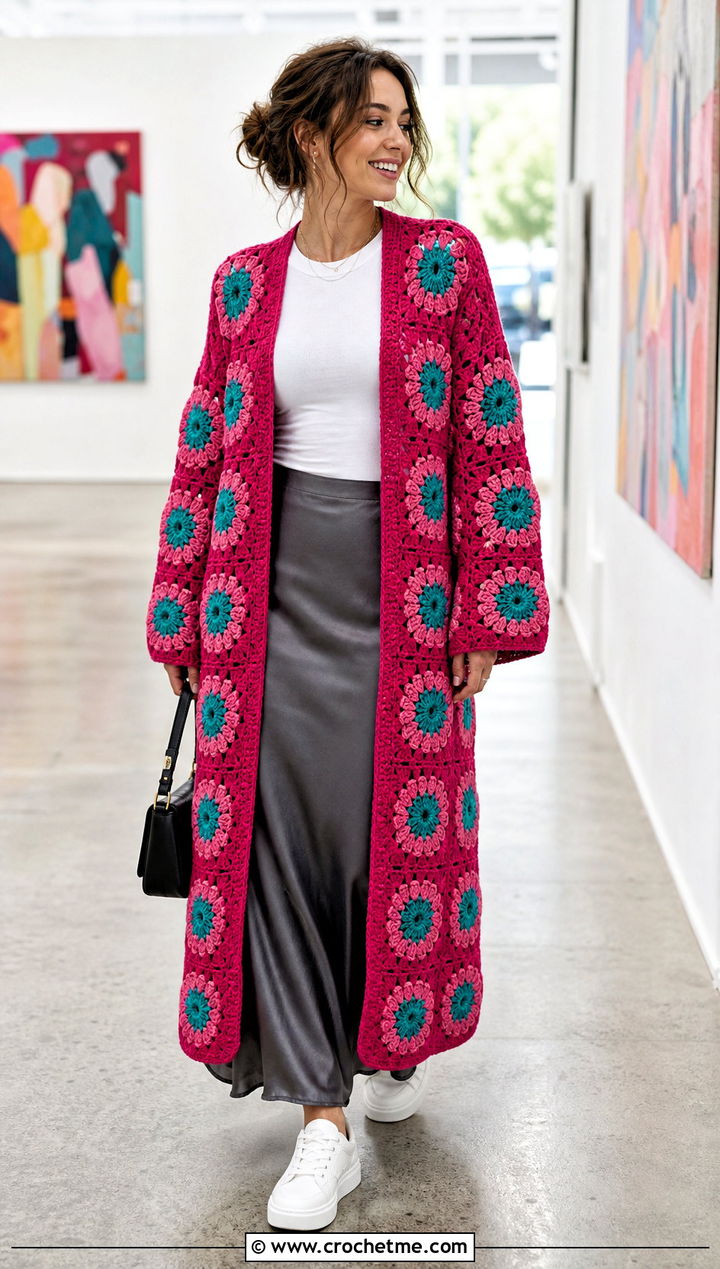 Floral Long Granny Square Cardigan With Slip Skirt - 35 long granny square cardigan outfit ideas