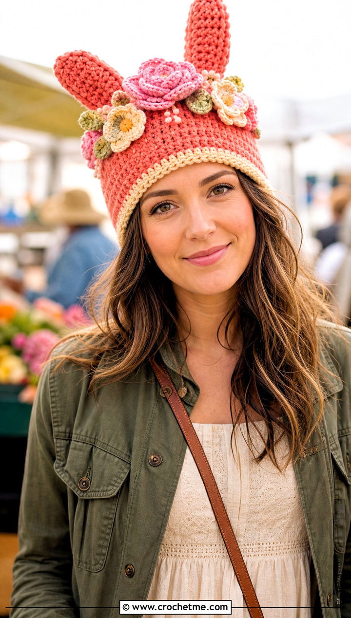 Floral Louise Crochet Bunny Ear Hat With Utility Jacket And Midi Dress - 25 Louise Crochet Hat outfit ideas