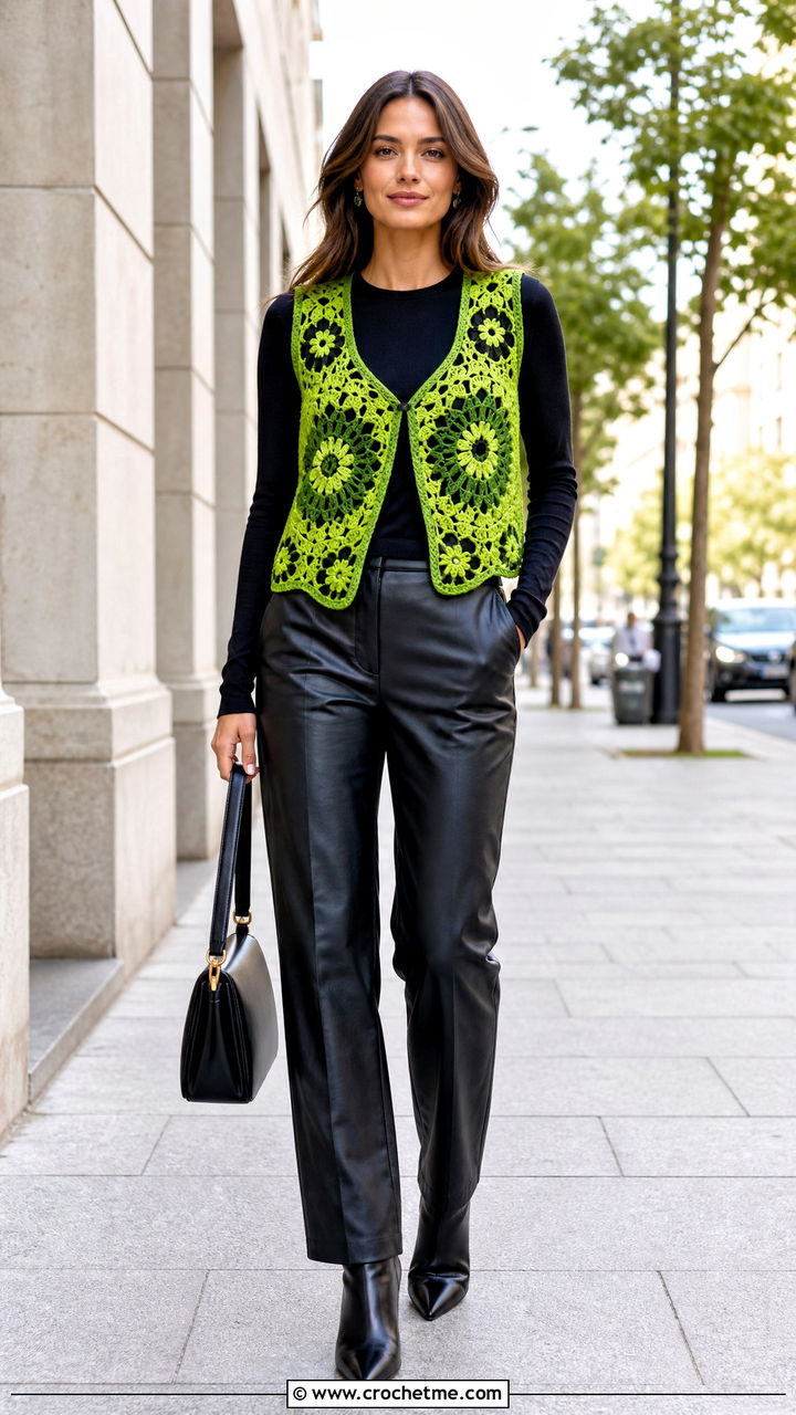 Floral Mandala Crochet Circle Vest With Leather Pants - 35 crochet circle vest outfit ideas
