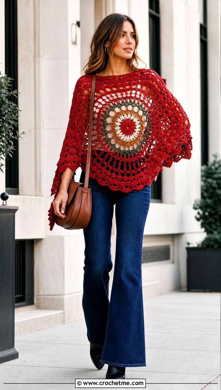 Floral Mandala Crochet Poncho With Flared Jeans - 25 Crochet Flower Poncho outfit ideas