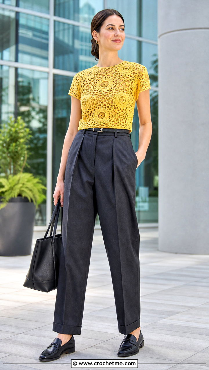 Floral Medallion Crochet Motif Top With Tailored Trousers - 30 crochet motif top outfit ideas