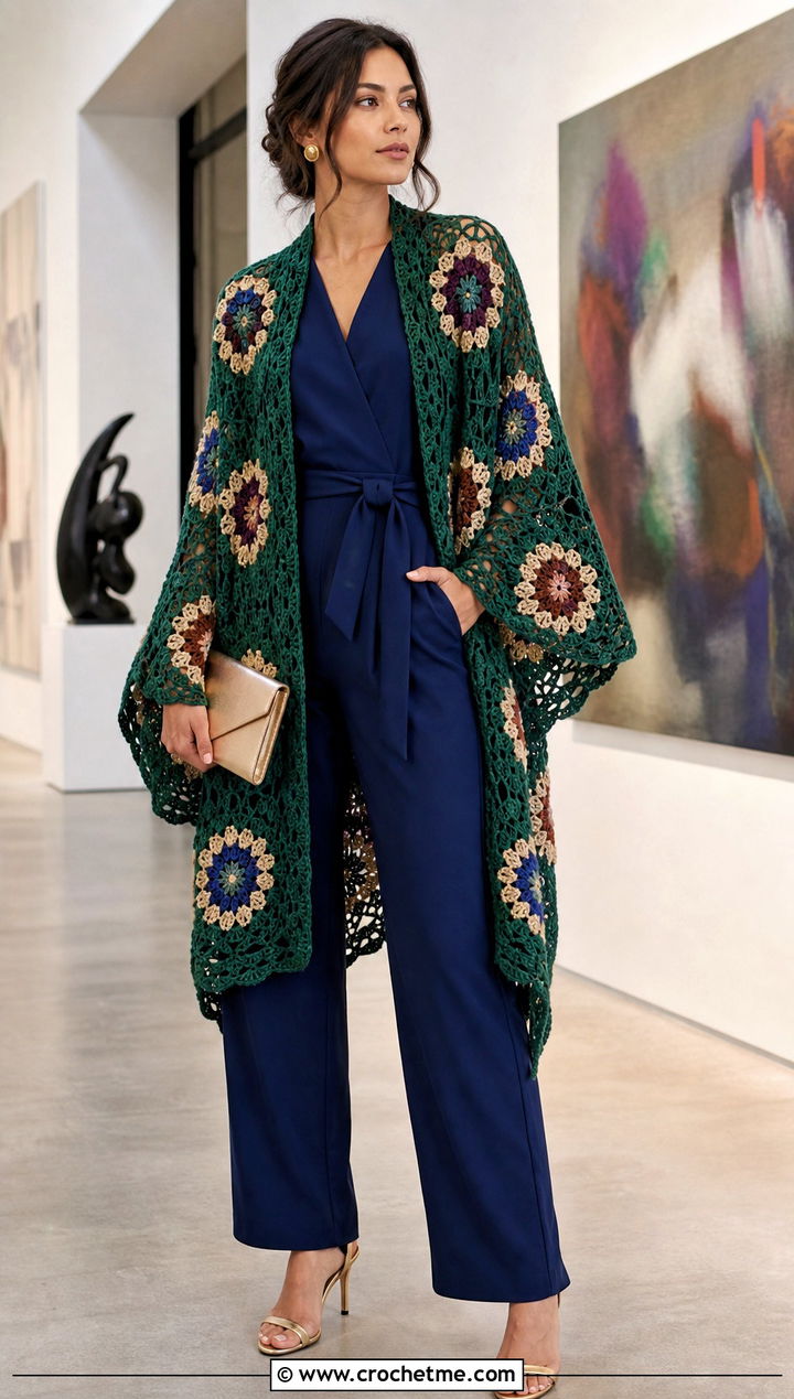 Floral Medallion Granny Square Ruana With Jumpsuit - 25 Granny Square Ruana outfit ideas