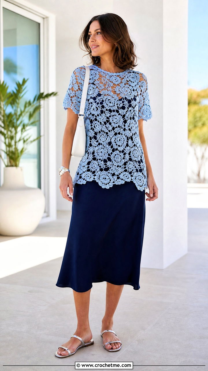 Floral Mesh Crochet Shirt With Slip Dress - 35 Crochet Flower Shirt outfit ideas