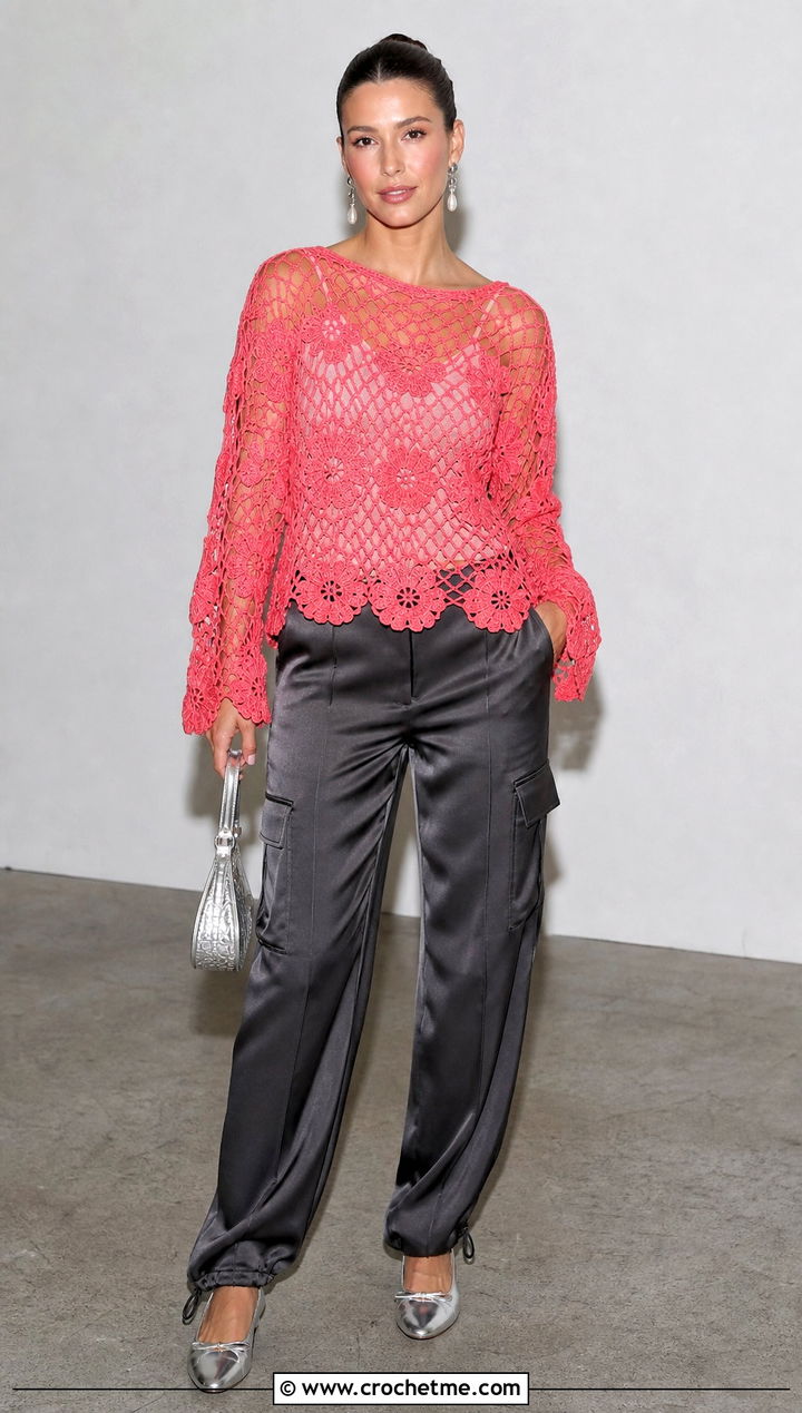 Floral Mesh Crochet Top With Satin Cargo Pants - 30 Crochet Top With Holes outfit ideas