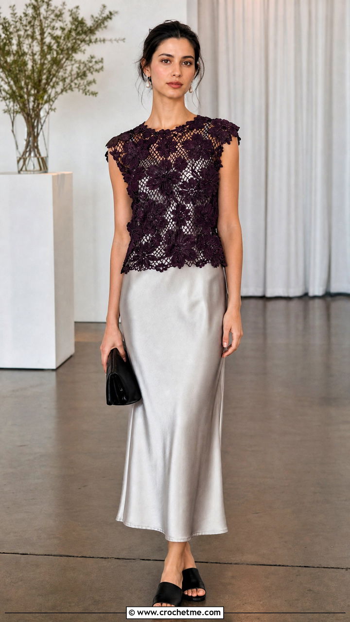 Floral Mesh Crochet Top With Slip Dress - 35 mesh crochet top outfit ideas