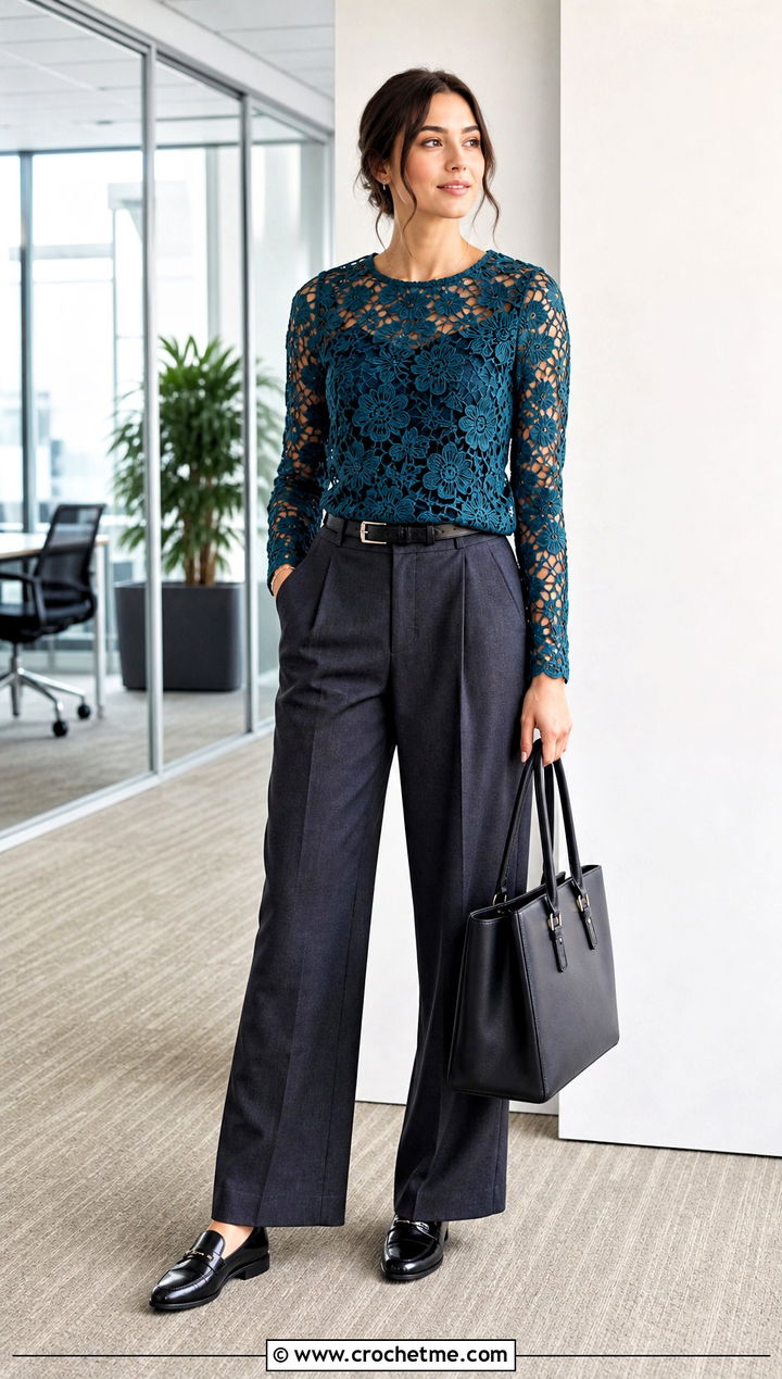 Floral Mesh Long Sleeve Top With Tailored Trousers - 25 flower crochet tops outfit ideas