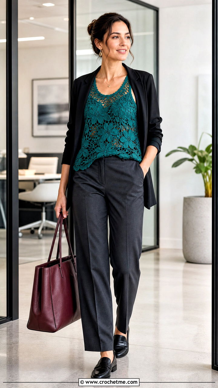 Floral Mesh Tank Top With Tailored Trousers - 35 crochet flower tank top outfit ideas