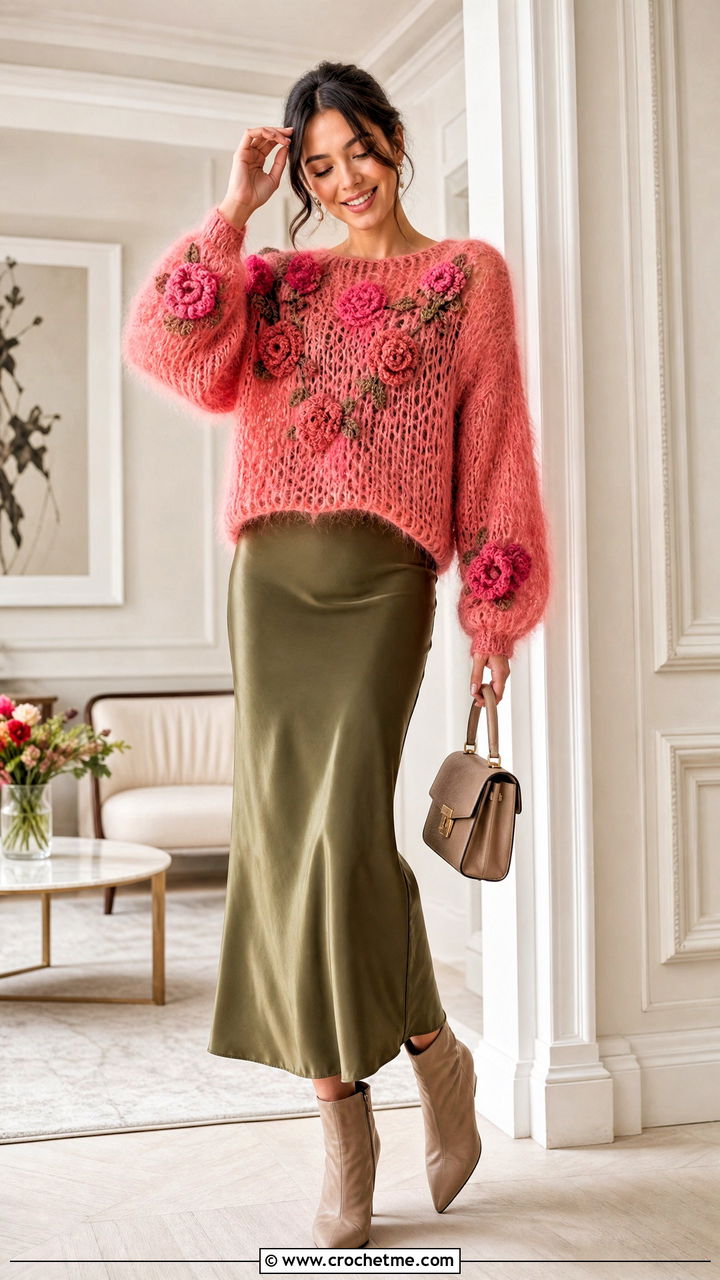 Floral Mohair Crochet Fluffy Sweater With Slip Dress - 35 crochet fluffy sweater outfit ideas