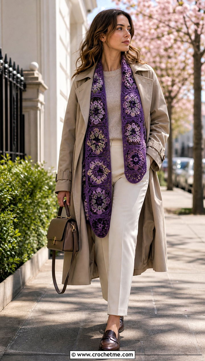 Floral Mosaic Crochet Shawl With Trench Coat - 30 mosaic crochet shawl outfit ideas