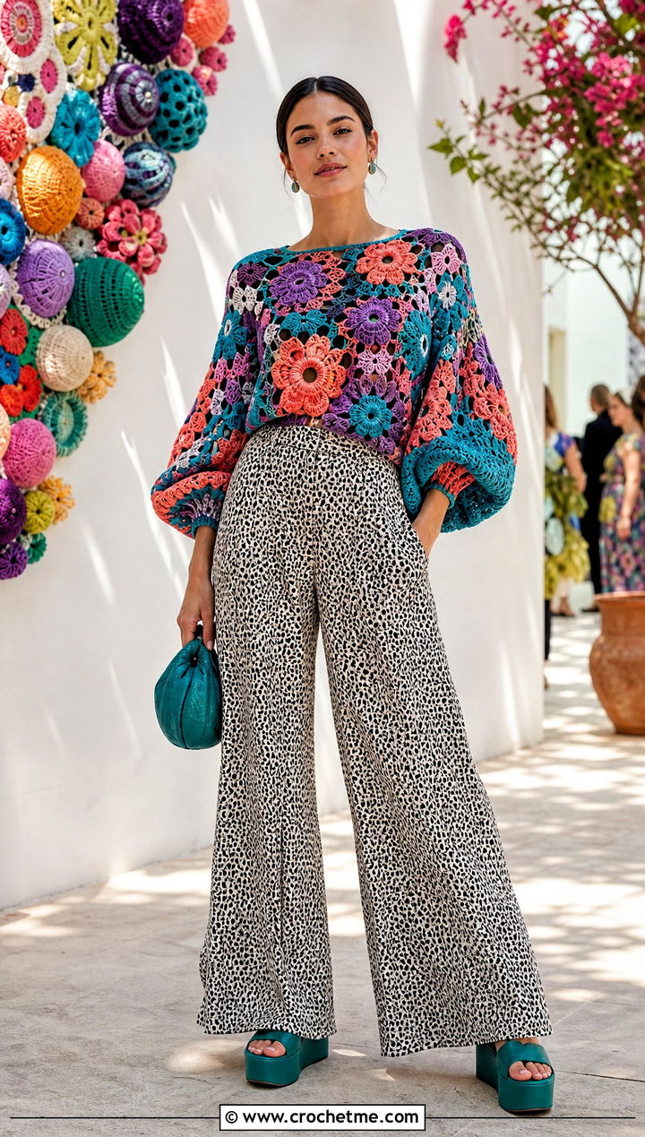 Floral Motif Balloon Sleeve Crochet Top With Printed Pants - 35 crochet tops with sleeves outfit ideas