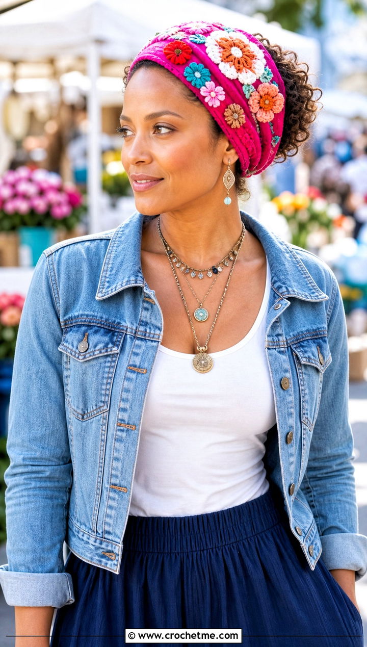 Floral Motif Bandana Head Wrap With Maxi Skirt - 30 crochet head wrap outfit ideas