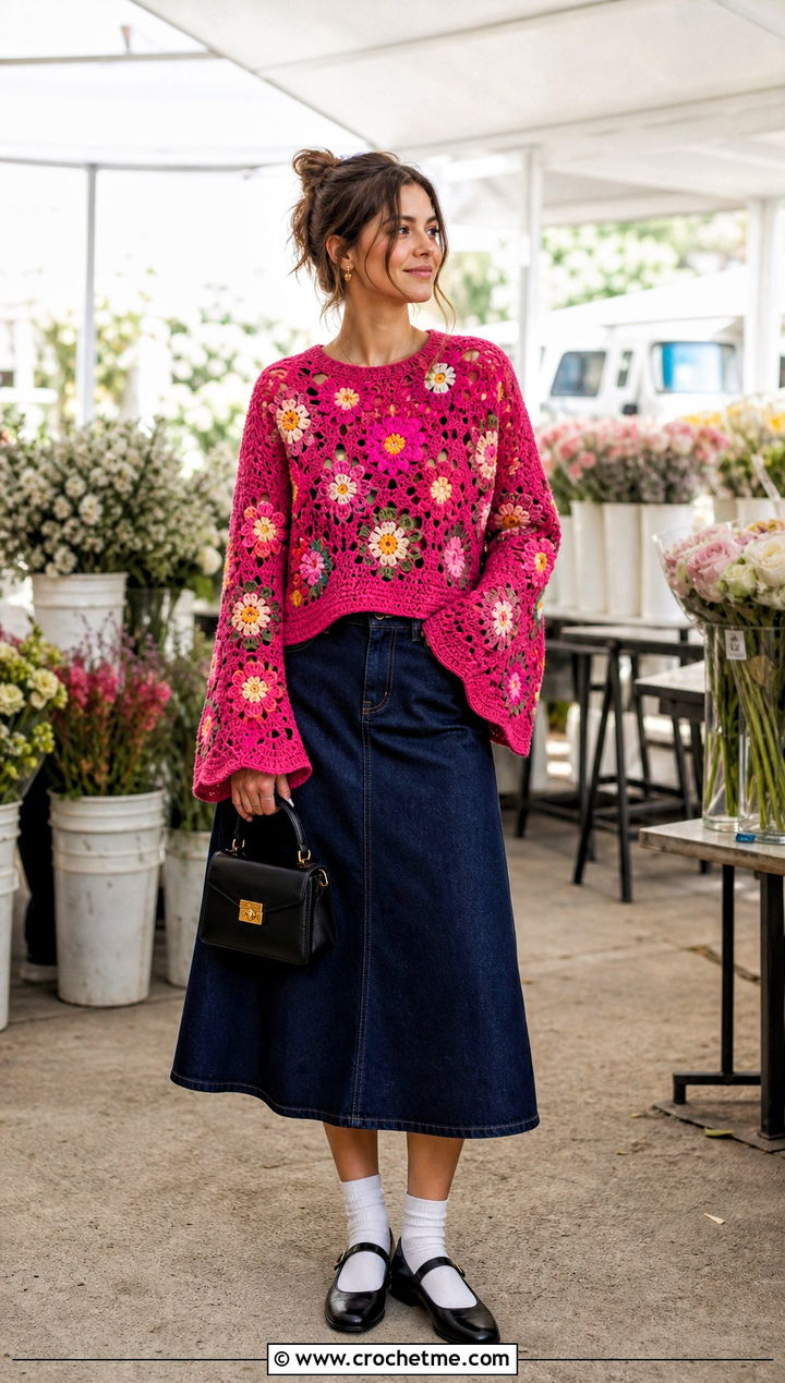 Floral Motif Bell Sleeve Crochet Sweater With Denim Skirt - 25 bell sleeve crochet sweater outfit ideas