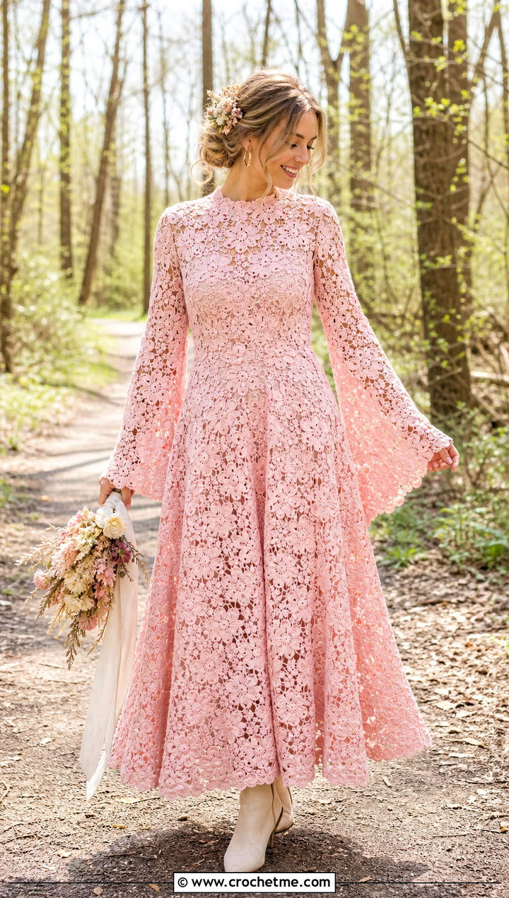 Floral Motif Bell Sleeve Crochet Wedding Dress With Suede Boots - 25 boho crochet wedding dress outfit ideas